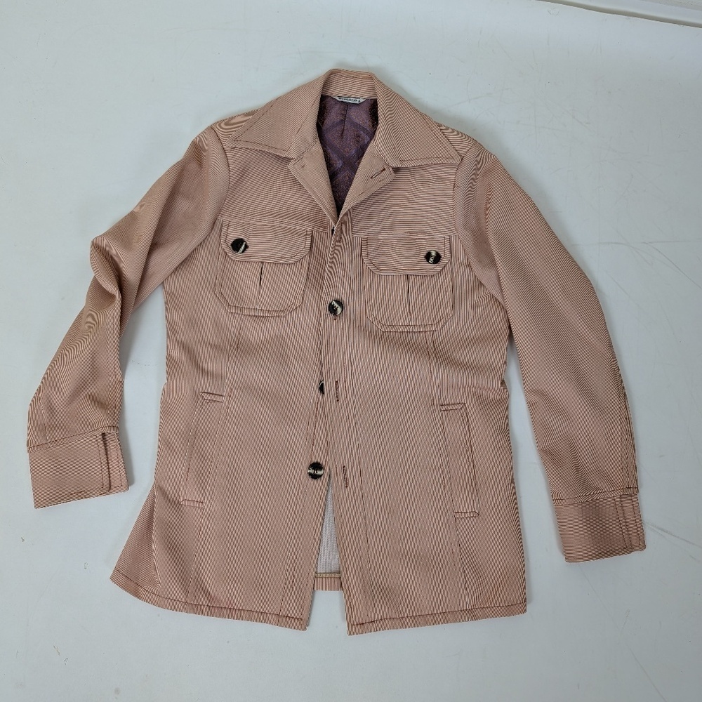70's Pinstripe Blazer Size Medium Overcoat Pastel Dagger Collar Vintage Office - Picture 3 of 14